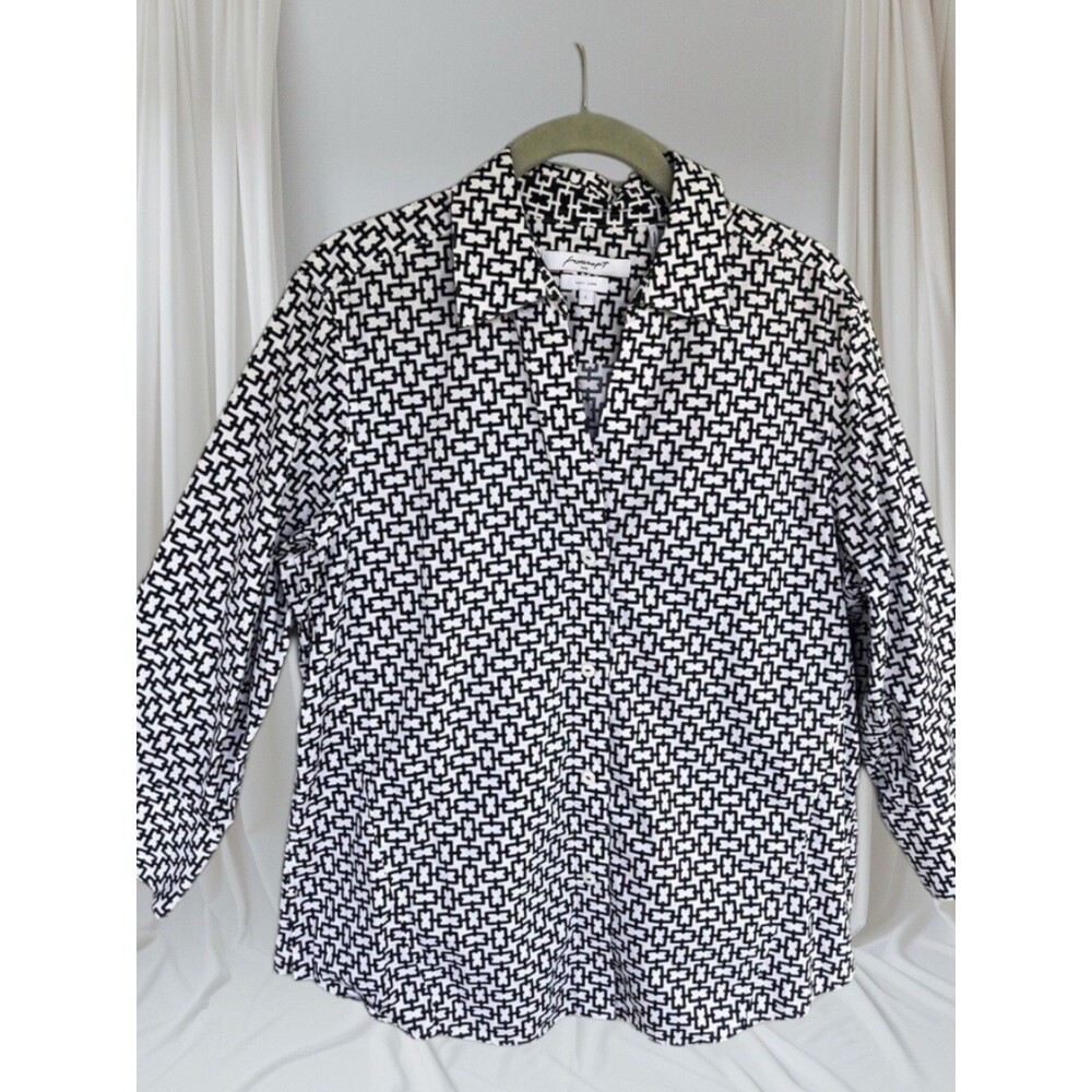 Foxcroft Button Up Blouse Black White Print Cuff Sleeve Size Large Office Preppy